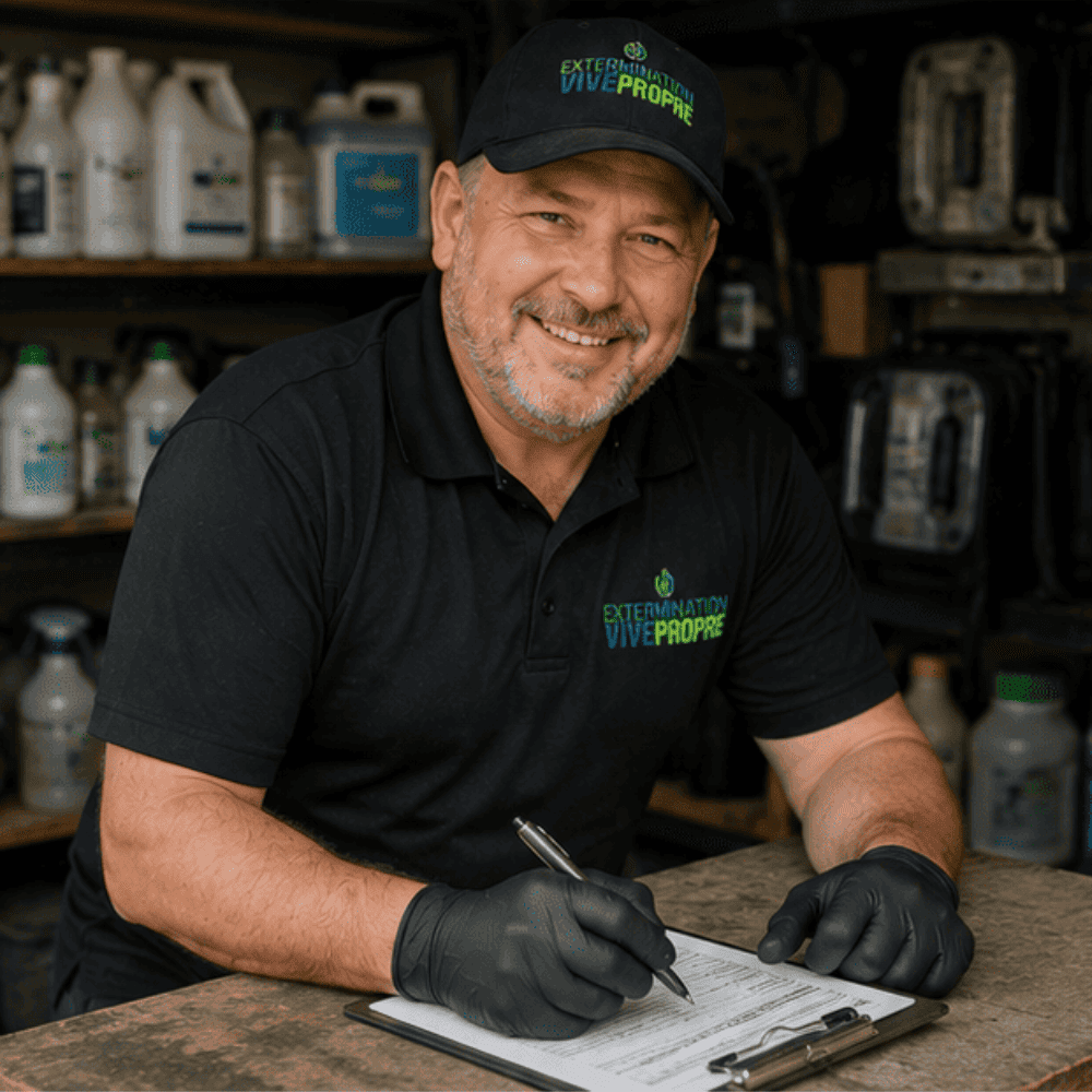 Technicien Extermination Vive Propre rassurant un client lors d'une inspection à domicile